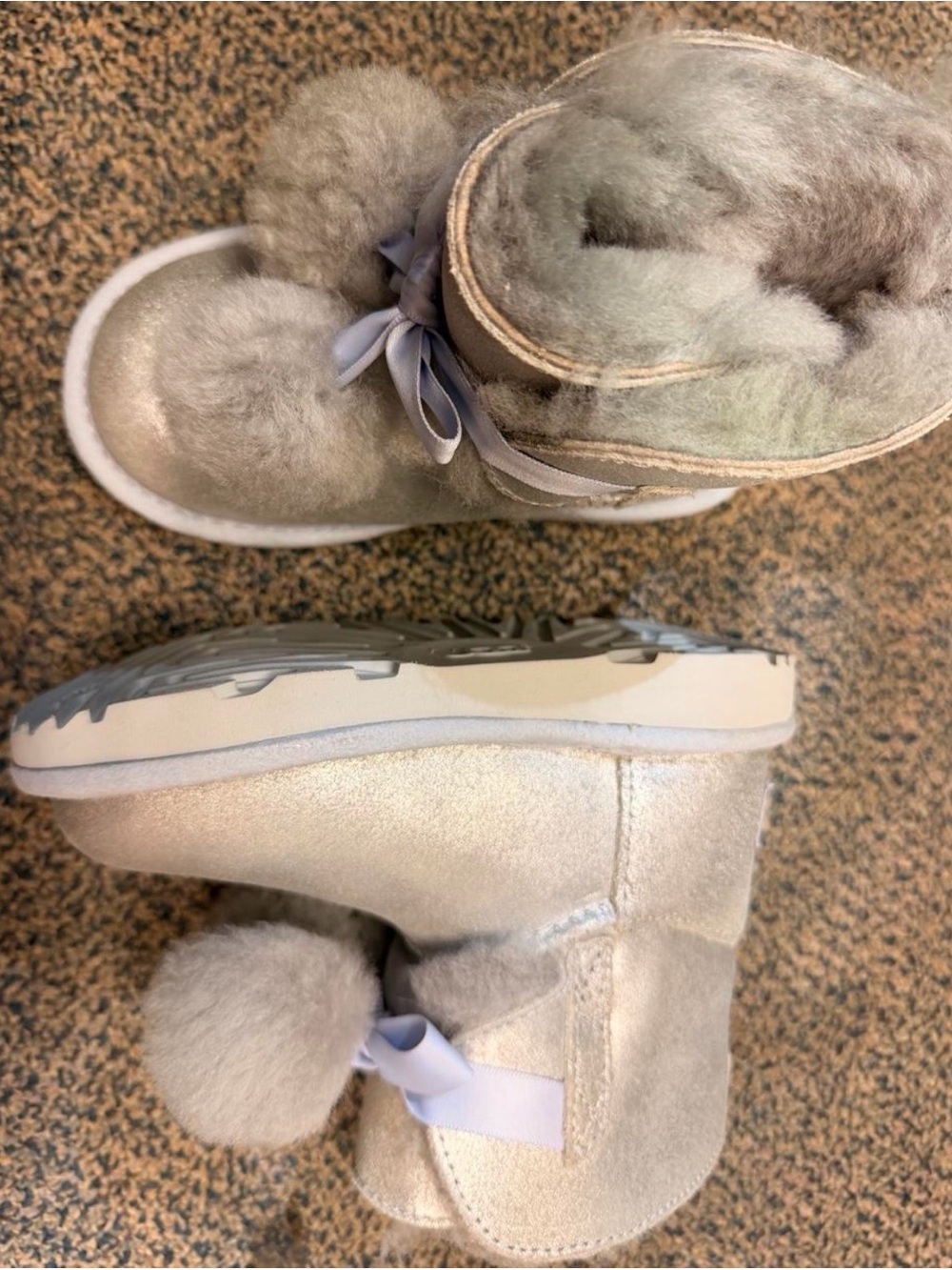 Uggs Kids Metallic Silver Plush Pom-Pom Winter Boots